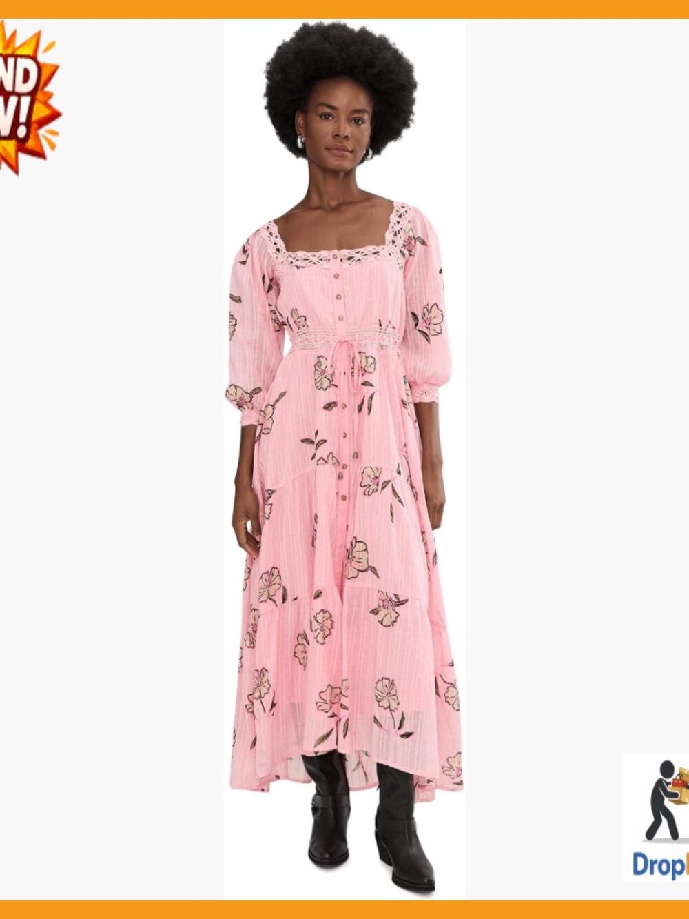 Long-Sleeve Maxi Dress with Lace Tie Back Casual Flowy Fit Button Front